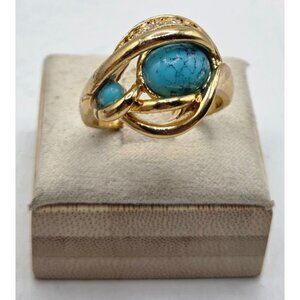 Gold-Plated Ring With Faux Turquoise Stones & Rhinestone Accents Elegant Swirl D
